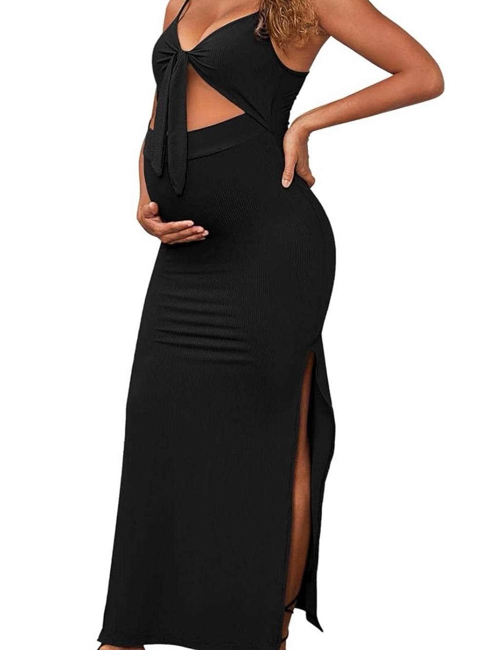 Bhome maternity spaghetti strap dress tie knot side slits ribbed xl
